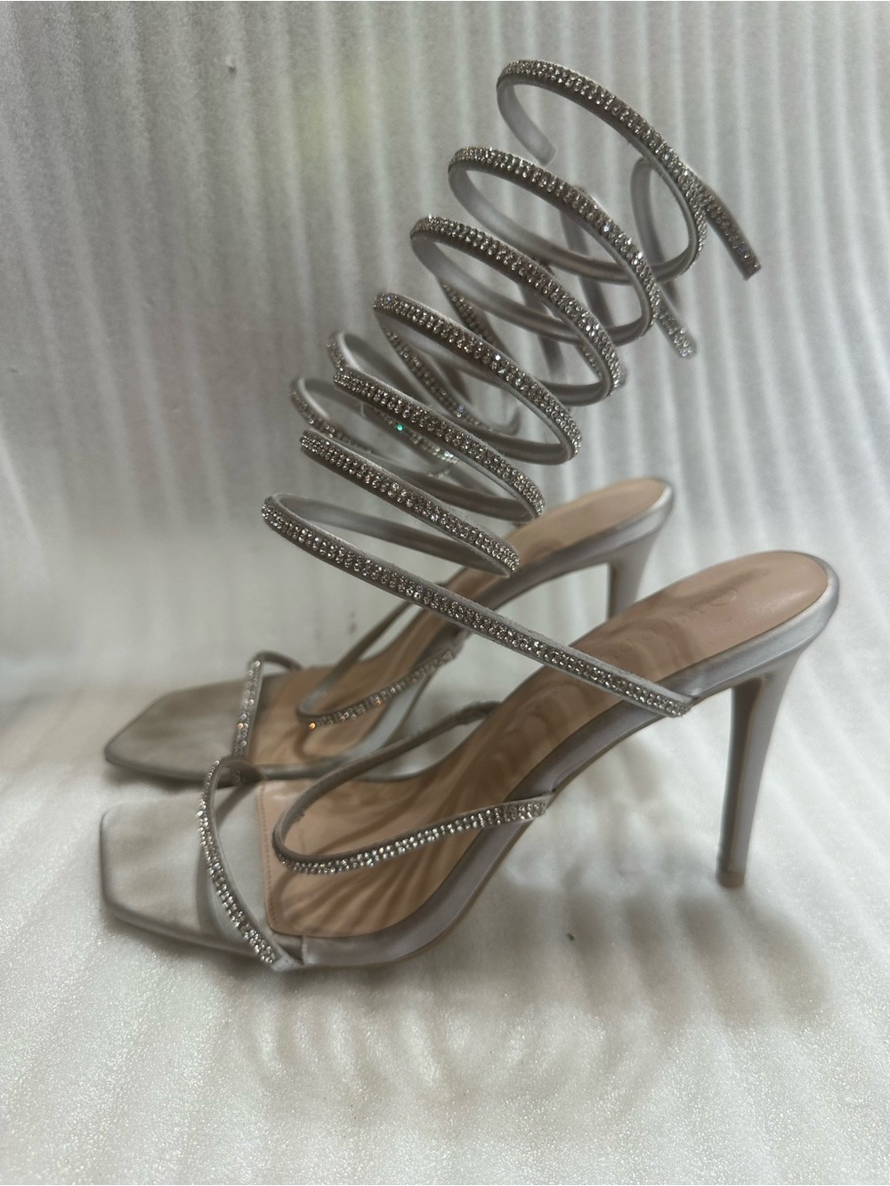 Rhinestone Spiral Strap Silver Stiletto Heels